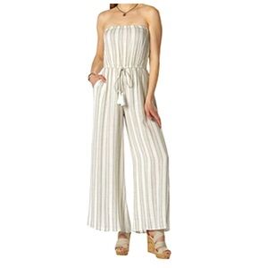 Elan woman’s, white, strapless tassel tie waste jumpsuit with tan stitch design